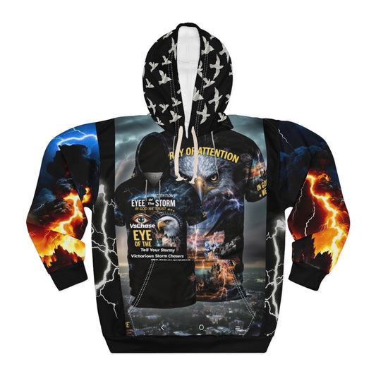 Eye of the Storm Unisex Pullover Hoodie, Cozy Graphic Sweatshirt, Unique Storm Chaser Apparel, Perfect Gift for Adventurers, Bold AOP Design