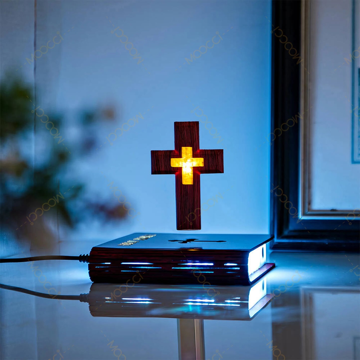Christian Jesus Bible Book Base Perfect Infuse Spiritual Elegance Bedroom Atmosphere Magnetic Levitating Floating Colorful Cross