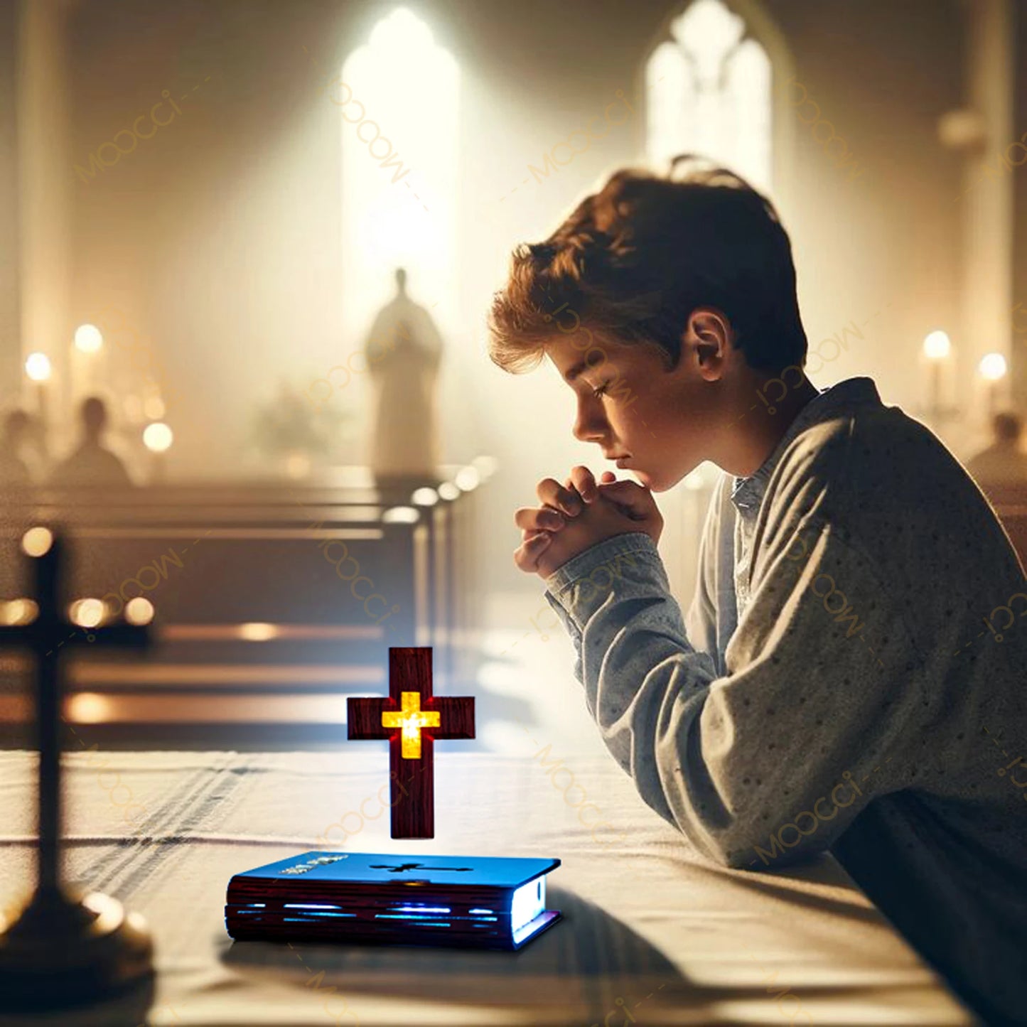 Christian Jesus Bible Book Base Perfect Infuse Spiritual Elegance Bedroom Atmosphere Magnetic Levitating Floating Colorful Cross