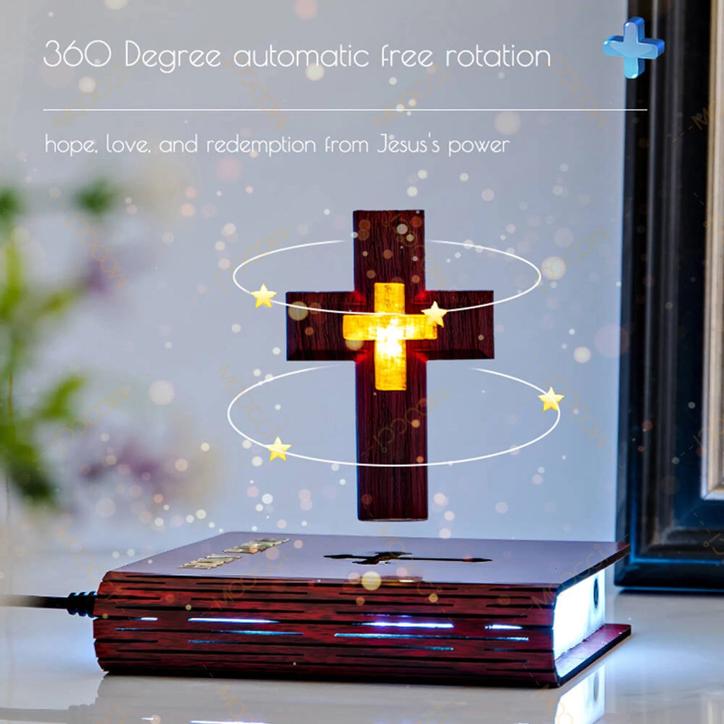 Christian Jesus Bible Book Base Perfect Infuse Spiritual Elegance Bedroom Atmosphere Magnetic Levitating Floating Colorful Cross